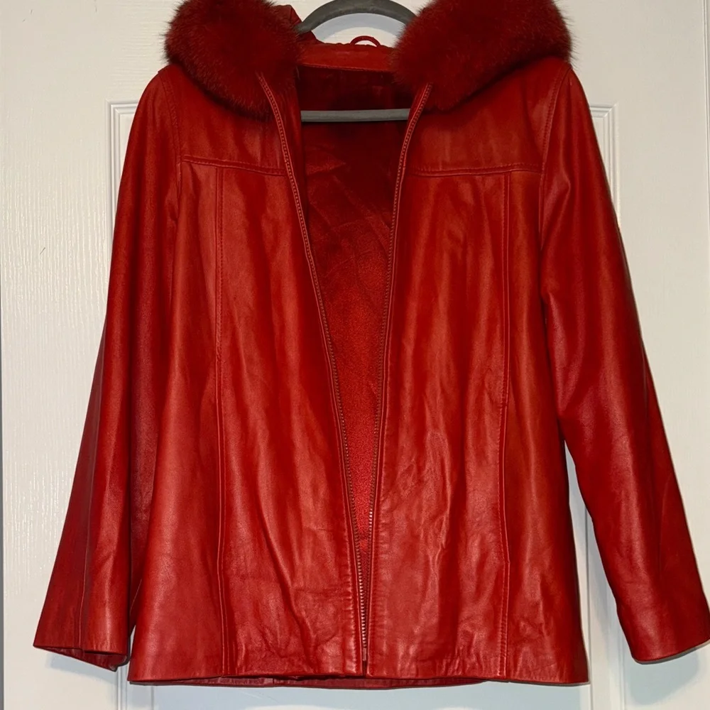 Women's Red Leather Jacket with fox Fur around the hood🥰 - Picture 3 of 14